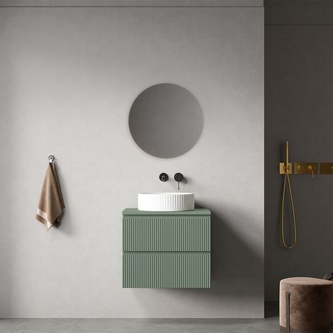 Mobile bagno sospeso cannettato 60 cm Verde Salvia per Lavabo d'appoggio Specchio Tondo - Fiji Paint Top Canneté (1/4)