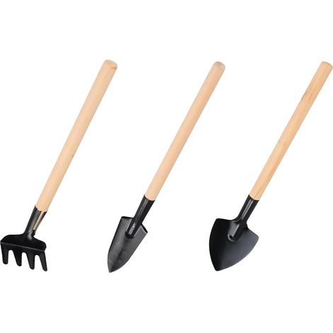Mini-kit d'outils de jardinage 3 pièces à manches en bois — Comprend un petit râteau à main et une petite truelle (1/5)