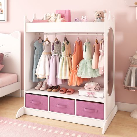 Kids Wardrobe Dressing up Rail Closet, Play Armoire Storage Organizer with Boxes, Mirror,Open Shelf for Children Clothes Bedroom Girls Room, White