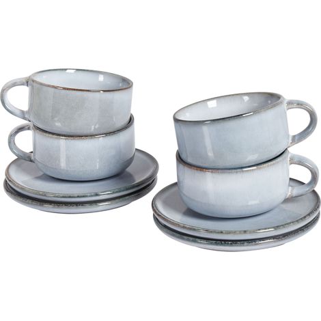 Tassen 4er Set mit Untertellern JUNIPER Steinzeug Hellblau