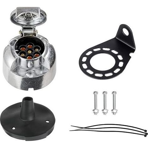 Kit de Prise Remorque en Métal 7 Broches avec Joint en Caoutchouc et Support de Montage en Métal, 12V Étanche Connecteur Prise Remorque en Métal Femelle, pour Caravane RV (1/5)
