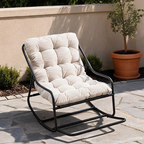 Fauteuil à bascule d'extérieur en acier avec coussin épais blanc (1/5)