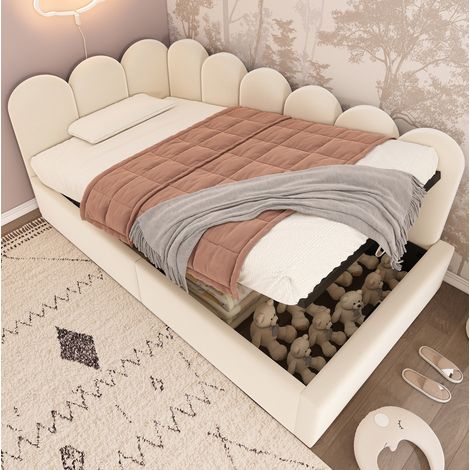 Lit 90x190 avec rangement hydraulique velours beige HAVRYA (1/5)