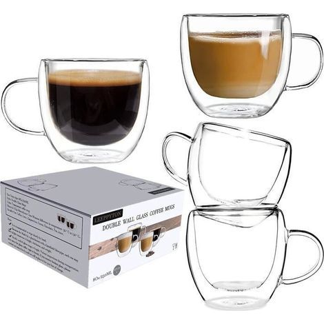 Tazza in vetro a doppia parete, tazza da caffè in vetro borosilicato con manico per tè, cappuccino, latte, succo di frutta, set da 4 (150 ml) (1/4)
