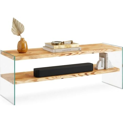 Mobile Porta tv Cloz, un Ripiano, Struttura in Vetro Temperato, un Vano, 120x35x45h cm Marrone Rovere