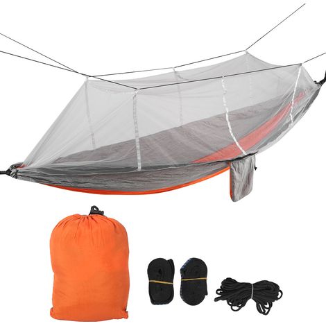 Hamac de camping simple ou double avec moustiquaire, léger et portable, sangle d'arbre incluse, orange et gris, filet gris (1/5)