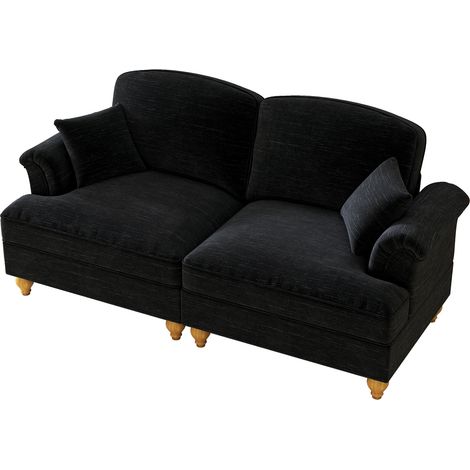 Divano Comfort a 2 posti, schienale segmentato, Cuscino mobile, gambe in legno, rivestimento chenille nero per soggiorno (1/5)