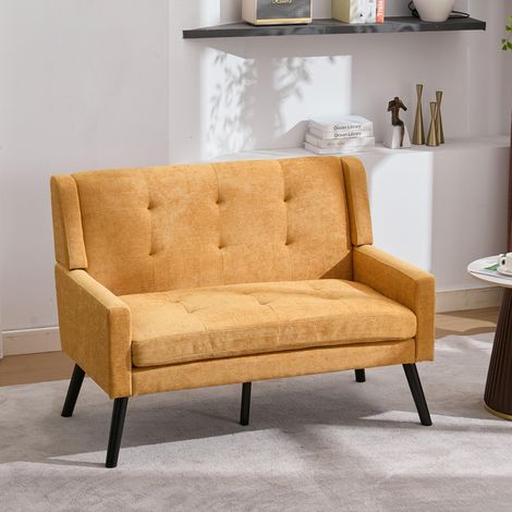 Banc en lin haut de gamme (2 places) avec pieds antidérapants en bois massif et coussin en mousse haute densité – fauteuil d'appoint capitonné pour salon, chambre et bureau