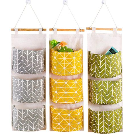 Lot de 3 sacs de rangement suspendus pour placard, organisateur en lin imperméable à fixer à la porte avec 3 poches de largeur, sac de rangement mural en tissu pour chambre et salle de bain (1/5)