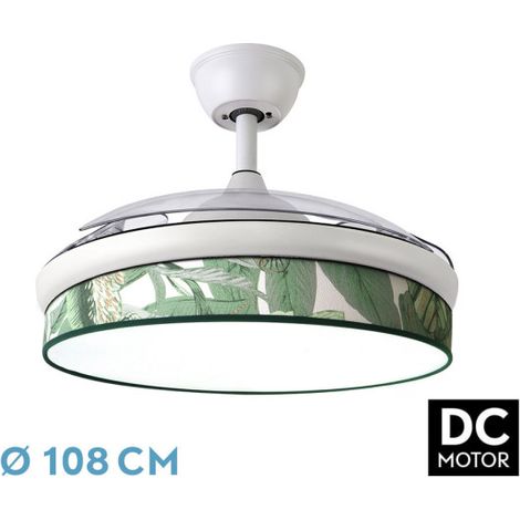 Ventilador de techo DC, Moda, 108D con 3 aspas blanco/hoja verde, 72W, luz LED 7200 lm 3000K 4000K 6000K, mando a distancia, memoria y temporizador, color blanco/verde (1/3)