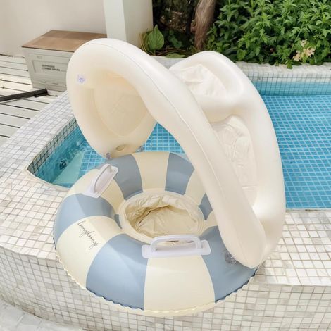 Bouée bébé avec pare-soleil amovible - Siège flottant rayé avec poignées - Pour garçons et filles - Bleu