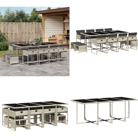 Set comedor jardín y cojines 13 pzas ratán sintético gris claro - Sillas de jardín - Cojines para sillas