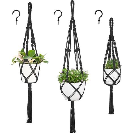 3-pack macramé plantenhangers, verschillende maten, hangende potten voor binnen, decoratieve bloempotten, houders, standaards, Boho-stijl, voor binnen- en buitendecoratie, zwart (1/5)