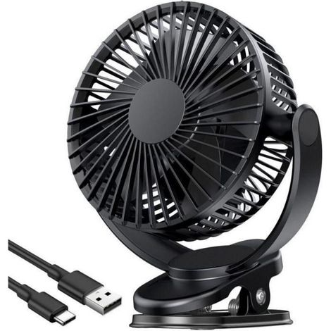 Ventilateur USB. Ventilateur portable rechargeable. 3 vitesses. Fixation par pince. Rotation à 360° - Noir.