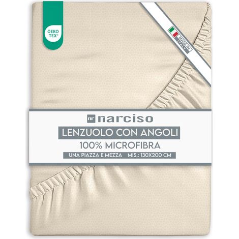 Drap housse 1 place et demie 130 x 200 + 25 cm, en microfibre, couleur unie, draps 1 place et demie, linge de lit fabriqué en Italie 1,5 P – Sable (1/5)