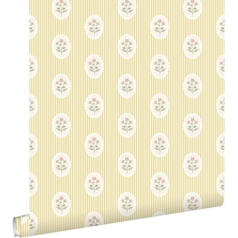 papier peint fleurs et rayures jaune - ESTAhome (1/5)