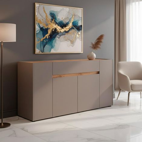 Credenza Moderna Madia In Melaminico Con 4 Ante E 1 Cassetto Mobile Contenitore Sala da Pranzo Soggiorno Design Senza Maniglie Elegante Capiente 170 x 85 x 40 cm Beige - Colore: Congo e Rovere (1/5)