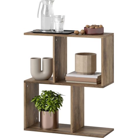 Side Table, Narrow End Table Storage Shelves, S-Shaped, 3-Tier, 50W x 19.5D x 58H cm, Oak (1/5)