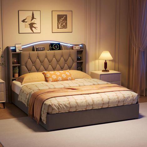 Lit double 140x190cm – Lit coffre – Éclairage LED – Ports USB et Type‑C – Étagères tête de lit – Sommier à lattes – Velours (1/5)