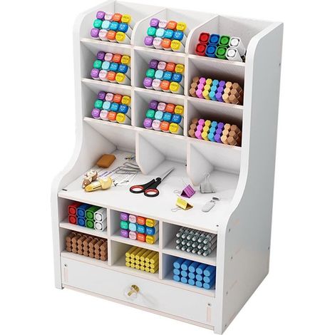 1 porte-stylos, grand organisateur bureau avec 8 compartiments, panneau PVC-bois-plastique, blanc, idéal pour écoliers et professionnels (1/5)