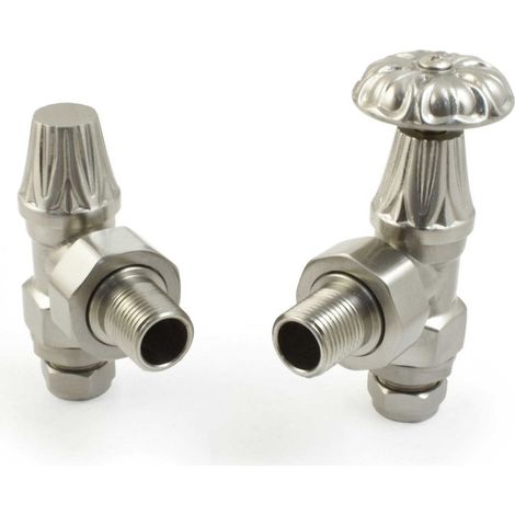 West Abbey Angled Manual Radiator Valve and Lockshield - Satin Nickel (1/4)