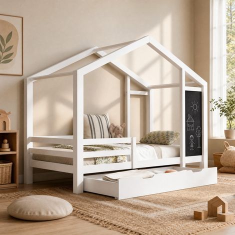 DESMIU Lit cabane enfant 1 place avec tableau, 2 tiroirs et barrières 90 × 200 cm sans matelas en bois blanc (1/5)