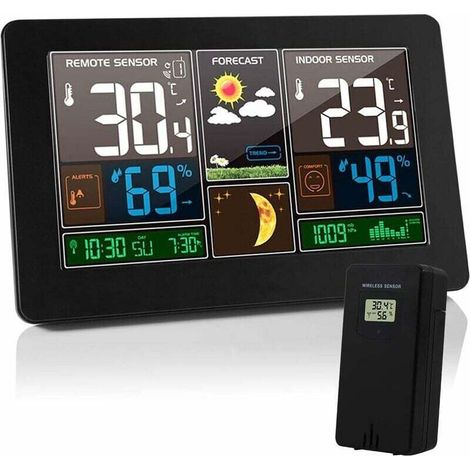 Station Météo Thermomètre Hygromètre Baromètre Intérieur Extérieur avec Capteur LED Ecran, Rétro-éclairage Horloge Numérique Affichage Heure Date Jour Phase de Lune (Noir) (1/5)