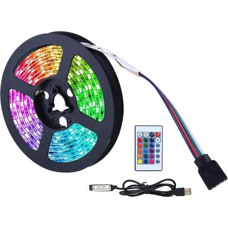 m langes LED-Band, 120 LEDs und 16 RGB, neonfarbener USB-heller LED-Streifen, 24-Tasten-Fernbedienung, 4 dynamische Modi, geeignet für Heimkino-TV, LED-Hintergrundbeleuchtung, Heimparty-Dekoration (1/5)