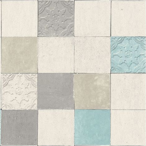 Kitchen bathroom wallpaper wall Profhome 374061 non-woven wallpaper slightly textured with geometric shapes matt grey blue cream 5.33 m2 (57 ft2) (1/5)