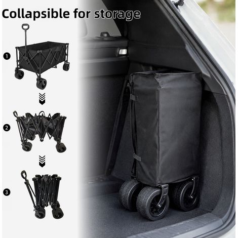 Chariot pliable avec freins, capacité de charge de 450 L et 150 kg, pneus extra larges, tout-terrain, pliable de façon brevetée dans quatre directions, noir. (1/5)