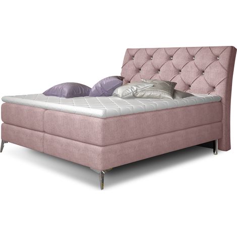 Lit design continental avec tête de lit capitonnée strass tissu rose Banky-160x200 (1/5)