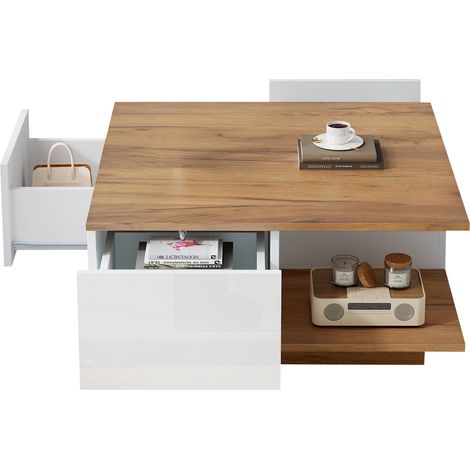 Table basse 70 x 70 x 31.5cm avec 3 tiroirs, table à café géométrique, table de salon laquée brillante, table pour canapé, table d’appoint, adaptée aux petits espaces, blanc + couleur bois d’origine (1/5)