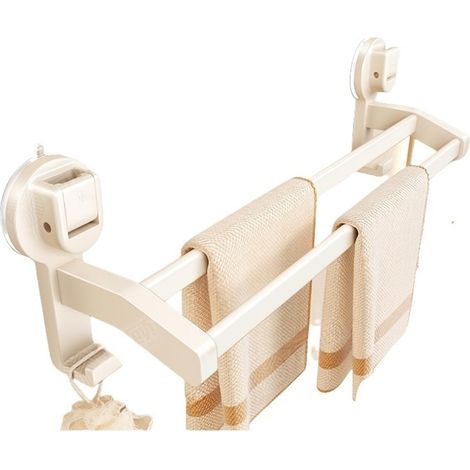 Barre porte-serviettes à ventouse, porte-serviettes de salle de bain amovible, porte-serviettes mural, double tige blanc laiteux 40 cm (1/5)