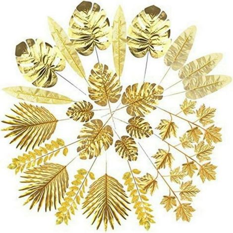 24 hojas de palma artificiales, palma dorada, plástico y seda, decoración de pared, boda y fiesta. (1/5)