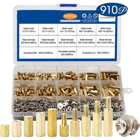 910 pcs M3 mâle Femelle hexagonale en Laiton entretoise avec écrou à tête cylindrique et kit d'assortiment de rondelle PCB Carte mère vis écrou Assorti kit (1/5)