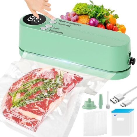 Machine à emballer sous vide multifonction rechargeable 3 en 1 avec 10 sacs sous vide pour conserver des collations et des aliments, verte. (1/5)