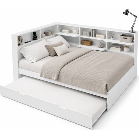 Canapé-lit 140x200 cm avec tête de lit rangement, lit gigogne escamotable, ports USB-C, blanc, en bois de pin et MDF pour petite chambre - CHICFURN (1/5)