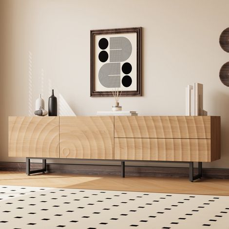 Meuble TV style industriel 180 cm, avec 2 portes et 2 tiroirs de rangement, design unique avec texture 3d, meuble TV bas - couleur naturel (1/5)