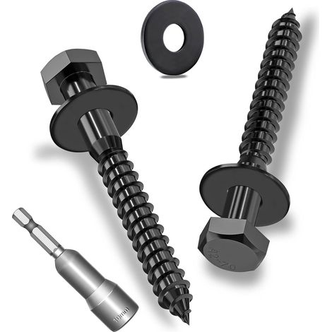 Lot de 15 vis à bois hexagonales M6 x 60 mm avec rondelles, vis hexagonales noires en acier inoxydable A2V2-DIN571, vis à clé avec rondelles et clé à douille (1/5)