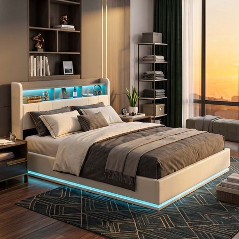 Creahappy Lit Coffre 160x200 cm avec LED RGB - Double Rangement TĂȘte de Lit avec Prise USB - Velours Beige Style Moderne (1/5)