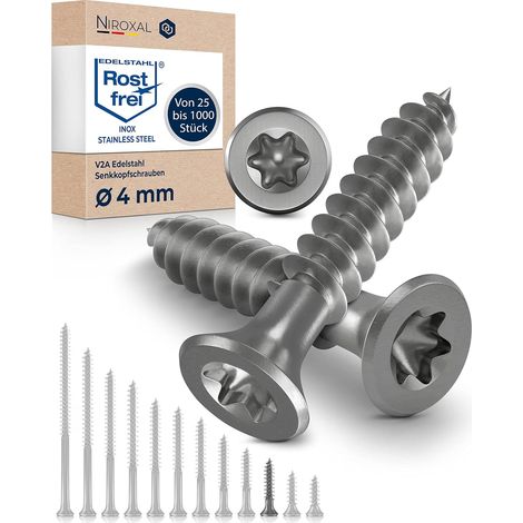 100 - Vis à bois - Acier inoxydable A2 - Filetage total Tête fraisée 90° Torx TX Pour menuiserie et ossature Bois Argent 4x25 cm (1/5)