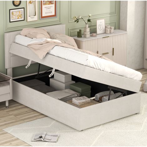 lit simple 90x200 avec sommier, bois massif beige OKMYHOME (1/5)