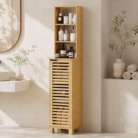 Mueble de baño alto de bambú natural 34 cm con puerta de lamas, 3 estantes abiertos y baldas ajustables (1/5)