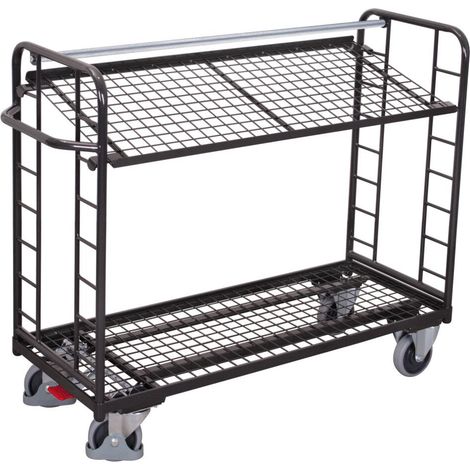 VARIOfit Etagenwagen mit vergitterten Seiten, Rohrschiebegriff und neigbarem Drahtgitterboden 1355x550mm Anthrazitgrau RAL 7016
