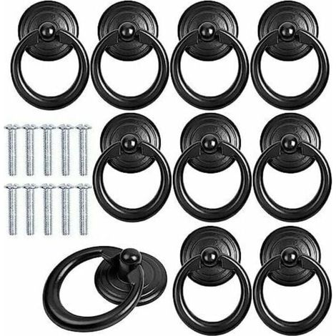 10 Stück schwarze Metall-Schrankgriffe, Türknöpfe, Schubladenringe, klassische Zuggriffe, runde Möbelknöpfe, Zuggriffe mit Schrauben für Kleiderschrank, Schrank, Kommode