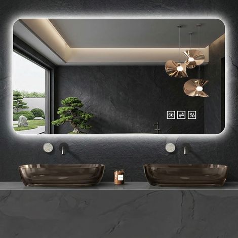 Miroir de salle de bain LED 60120cm,résistant à la corrosion,dimmable en trois couleurs,rétroéclairé,avec fonction de démération en un seul contact