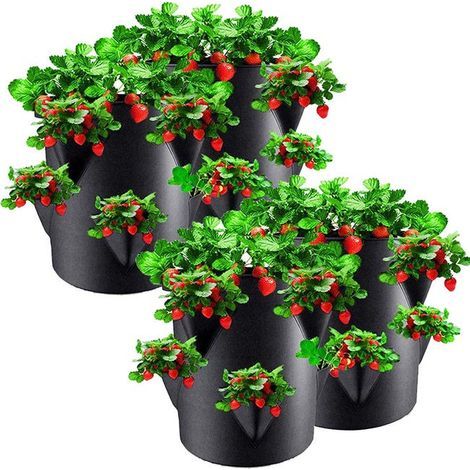 Lot de 4 pots de plantation de fraises à 8 trous avec sac de plantation à poignée renforcée, noir, 10 gallons, 35x45 cm (1/5)