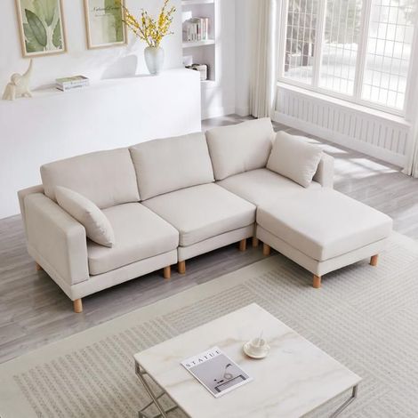 Canapé d’angle en L 3 places en polyester, style nuage, avec pouf, 235 x 152 x 78 cm, beige, design moderne, confort moelleux (1/5)