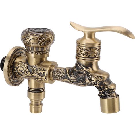 Robinet mitigeur 2 leviers 1 perçage, finition brossée antique, col de cygne en laiton massif avec dragon ciselé, pour lavabo vasque comptoir, montage sur plan, salle de bain. (1/5)