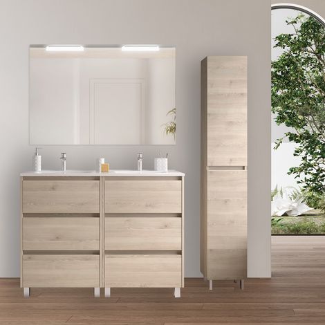 Mobile bagno a terra 120 cm 6 cassetti in legno naturale con lavabo ad incasso - Nova - Con specchio e doppia lampada LED